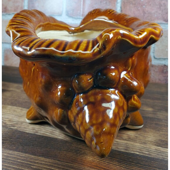 Vintage Brown Glazed Ceramic Conch Shell Planter, Seashell Nautical Decor - Picture 5 of 9